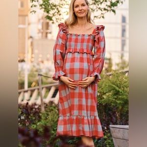 Frances Hart Smocked Cotton Dress - Light Blue and Red Plaid (Maternity)